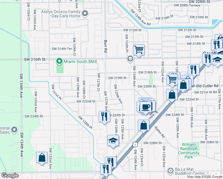 map of restaurants, bars, coffee shops, grocery stores, and more near 22044 Southwest 125th Avenue in Miami