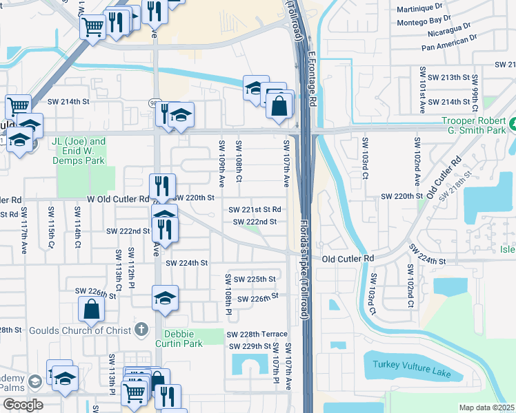 map of restaurants, bars, coffee shops, grocery stores, and more near 10765 Southwest 222nd Street in Miami