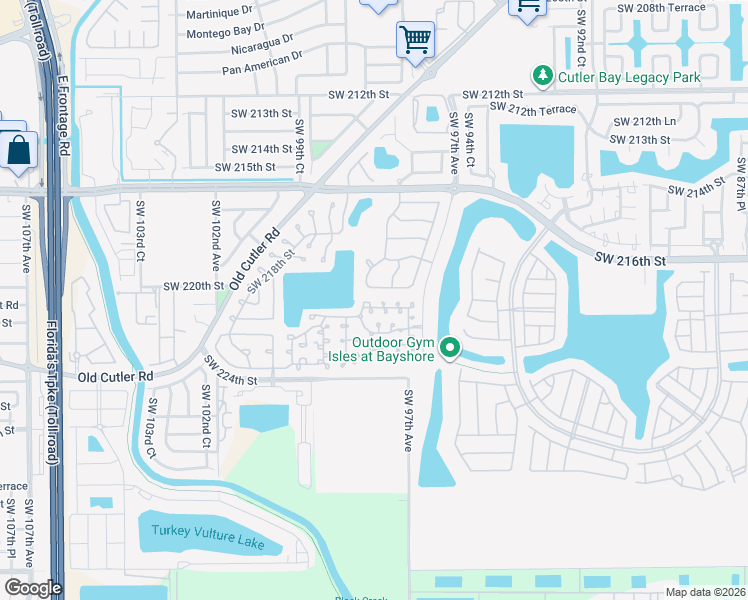 map of restaurants, bars, coffee shops, grocery stores, and more near 9781 Southwest 220th Street in Cutler Bay