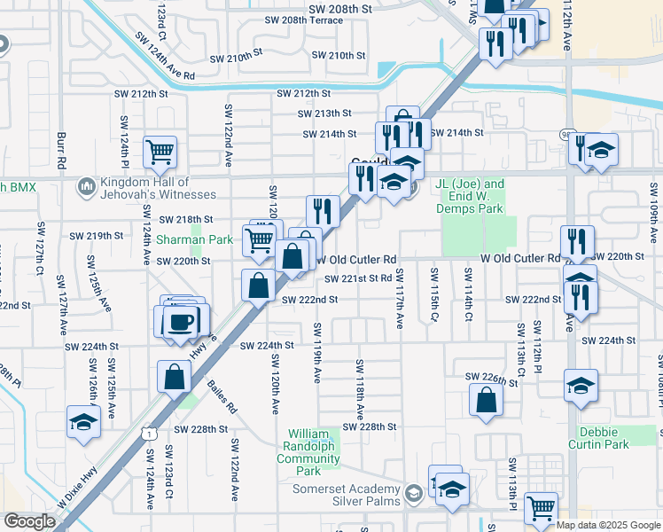 map of restaurants, bars, coffee shops, grocery stores, and more near 11851 Southwest 220th Street in Miami