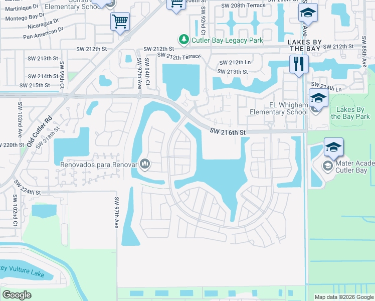 map of restaurants, bars, coffee shops, grocery stores, and more near 9260 Southwest 220th Street in Cutler Bay