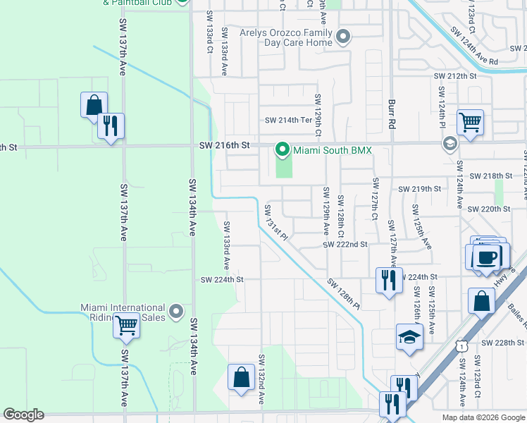 map of restaurants, bars, coffee shops, grocery stores, and more near 13167 Southwest 219th Terrace in Miami
