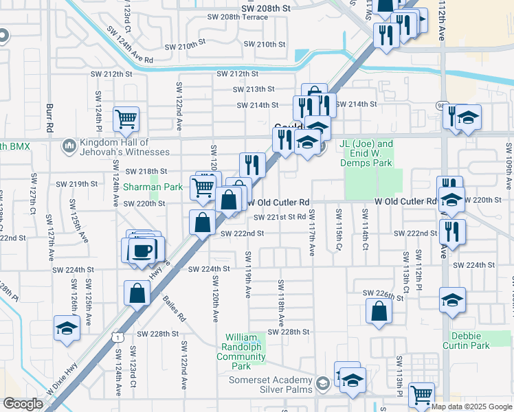 map of restaurants, bars, coffee shops, grocery stores, and more near 11851 Southwest 220th Street in Miami