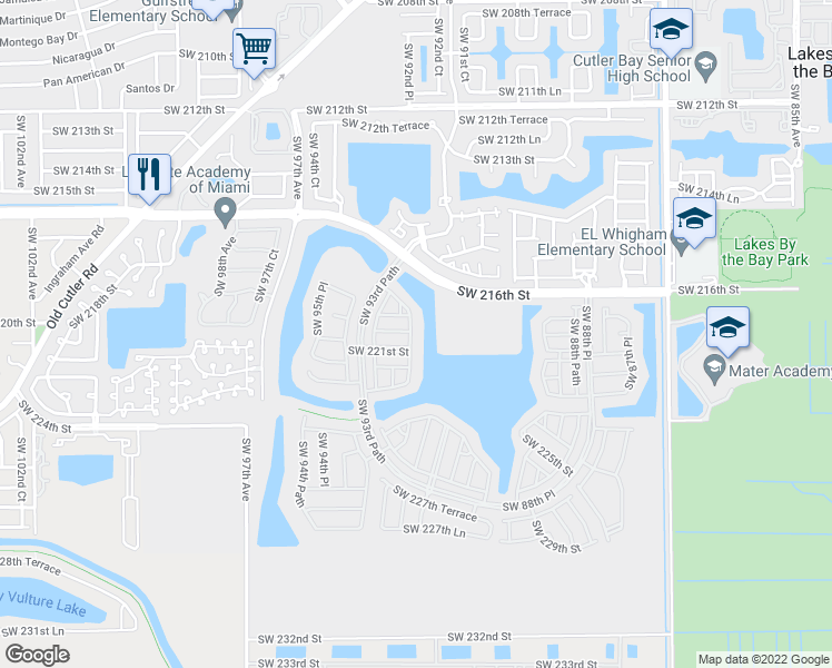 map of restaurants, bars, coffee shops, grocery stores, and more near 22049 Southwest 92nd Place in Cutler Bay