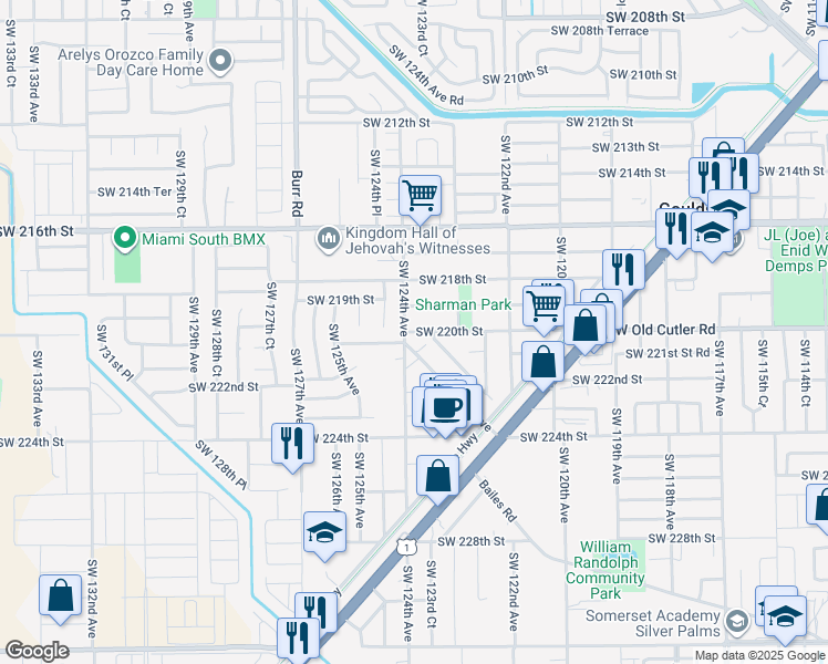 map of restaurants, bars, coffee shops, grocery stores, and more near 12389 Southwest 220th Street in Goulds