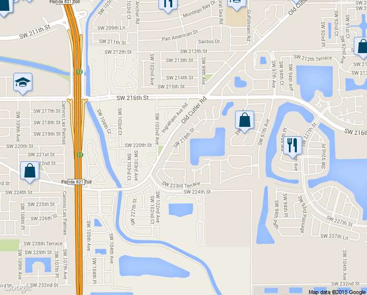 map of restaurants, bars, coffee shops, grocery stores, and more near 21837 Southwest 100th Place in Cutler Bay