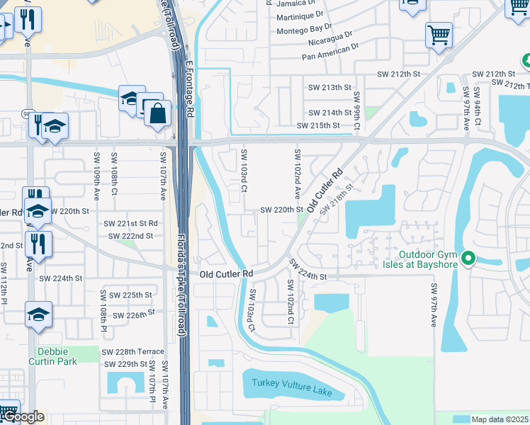 map of restaurants, bars, coffee shops, grocery stores, and more near 22000 Southwest 103rd Avenue in Cutler Bay