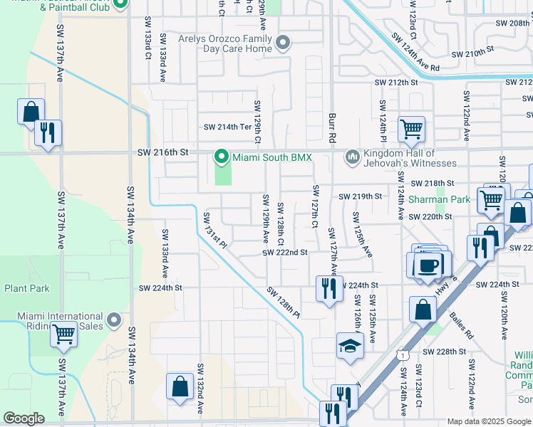 map of restaurants, bars, coffee shops, grocery stores, and more near Southwest 129th Avenue in Goulds