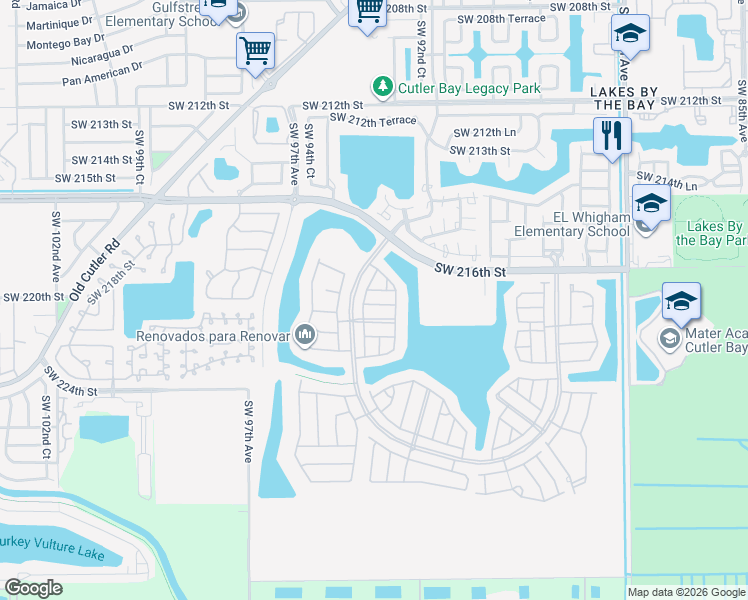 map of restaurants, bars, coffee shops, grocery stores, and more near 22024 Southwest 93rd Place in Cutler Bay