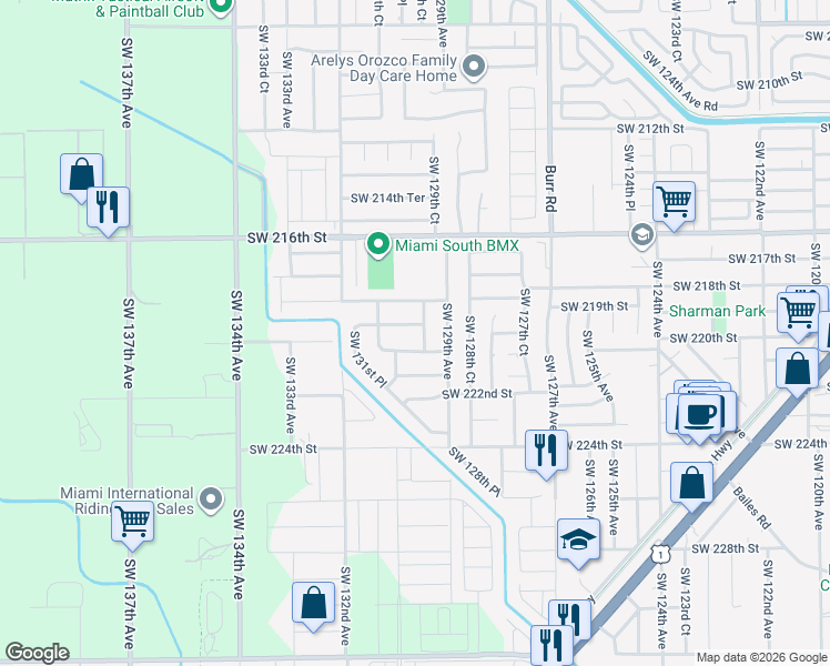 map of restaurants, bars, coffee shops, grocery stores, and more near 21921 Southwest 129th Place in Miami