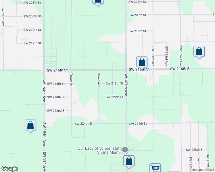 map of restaurants, bars, coffee shops, grocery stores, and more near 18840 Southwest 218th Street in Miami