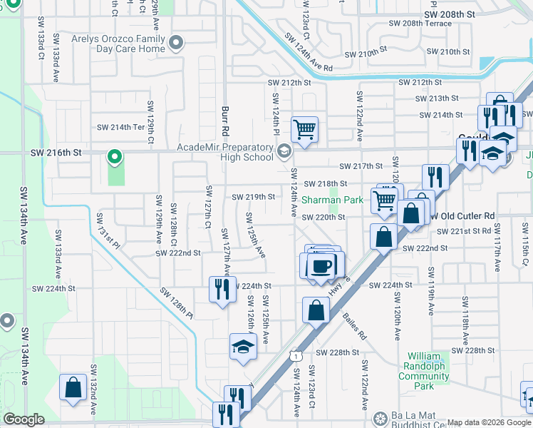 map of restaurants, bars, coffee shops, grocery stores, and more near 21949 Southwest 124th Place in Miami