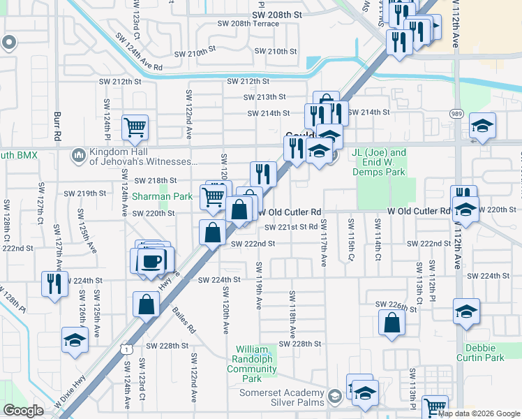 map of restaurants, bars, coffee shops, grocery stores, and more near 11893 Southwest 220th Street in Goulds