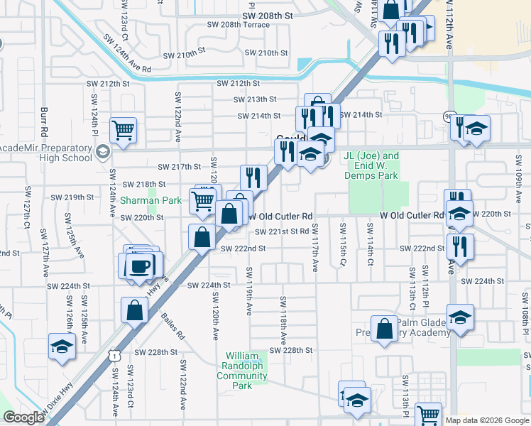 map of restaurants, bars, coffee shops, grocery stores, and more near 11851 Southwest 220th Street in Miami