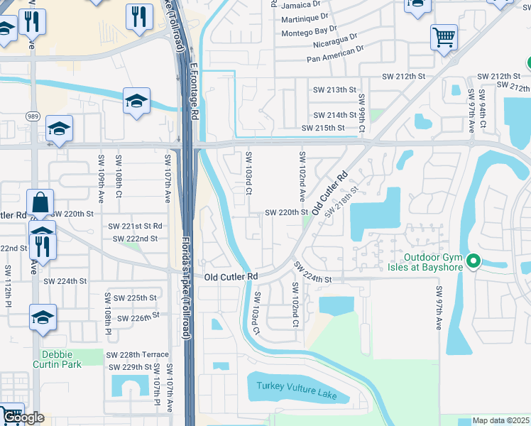 map of restaurants, bars, coffee shops, grocery stores, and more near 22000 Southwest 103rd Avenue in Cutler Bay