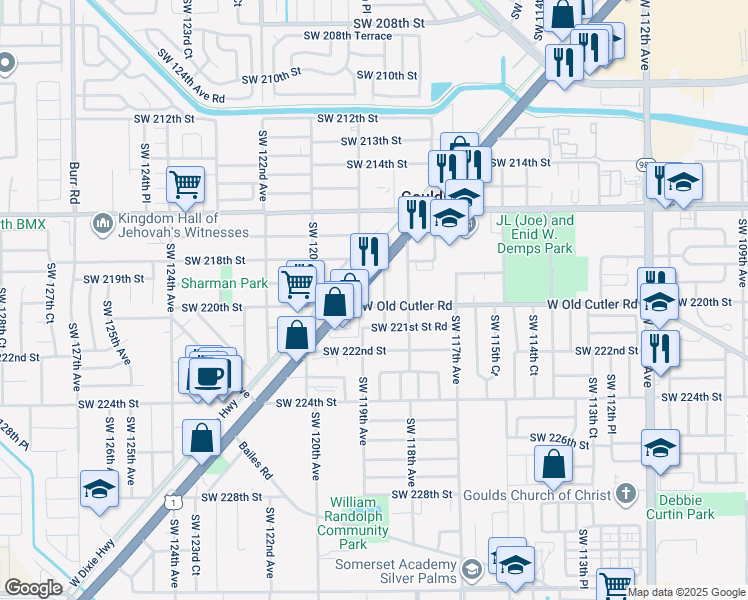 map of restaurants, bars, coffee shops, grocery stores, and more near 11851 Southwest 220th Street in Miami
