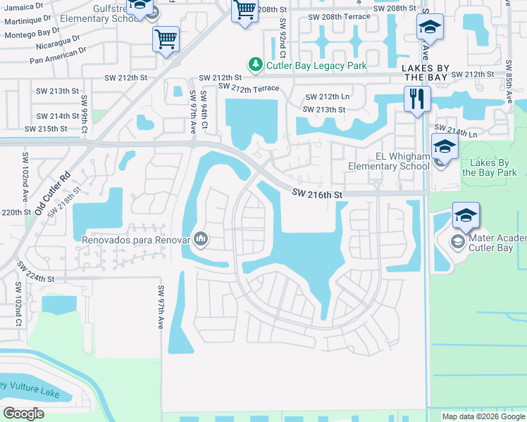 map of restaurants, bars, coffee shops, grocery stores, and more near 9260 Southwest 220th Street in Cutler Bay