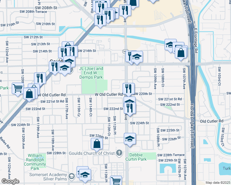 map of restaurants, bars, coffee shops, grocery stores, and more near 11235 Southwest 220th Street in Goulds