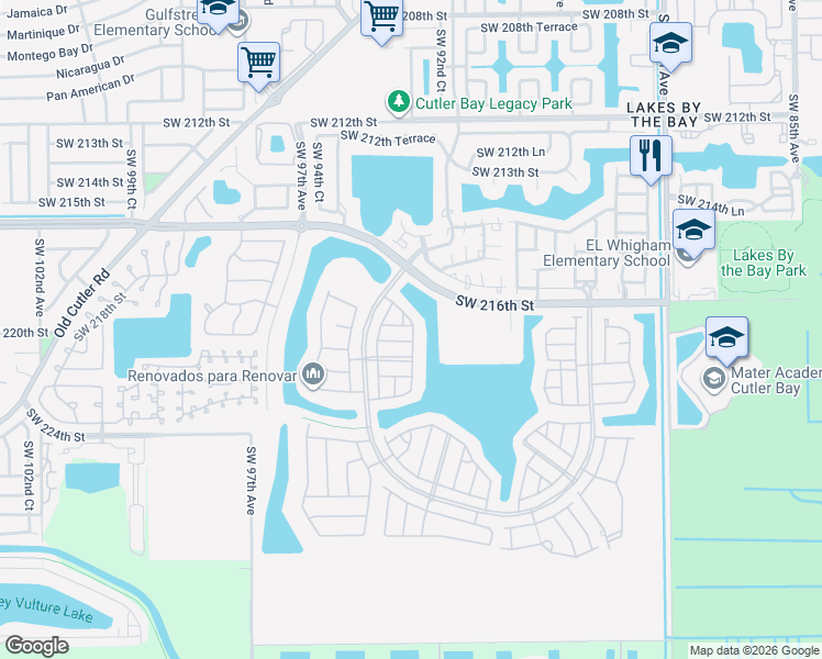 map of restaurants, bars, coffee shops, grocery stores, and more near 9260 Southwest 220th Street in Cutler Bay