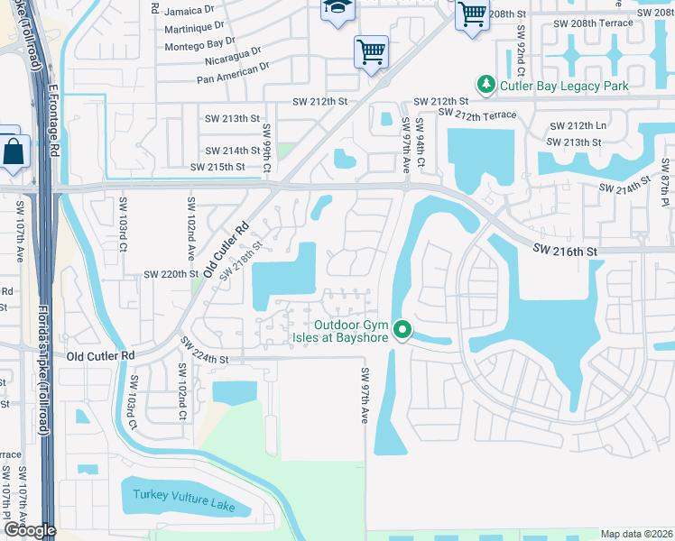 map of restaurants, bars, coffee shops, grocery stores, and more near 9781 Southwest 220th Street in Cutler Bay