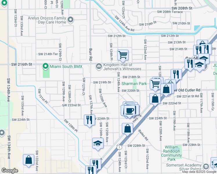 map of restaurants, bars, coffee shops, grocery stores, and more near 21949 Southwest 124th Place in Miami