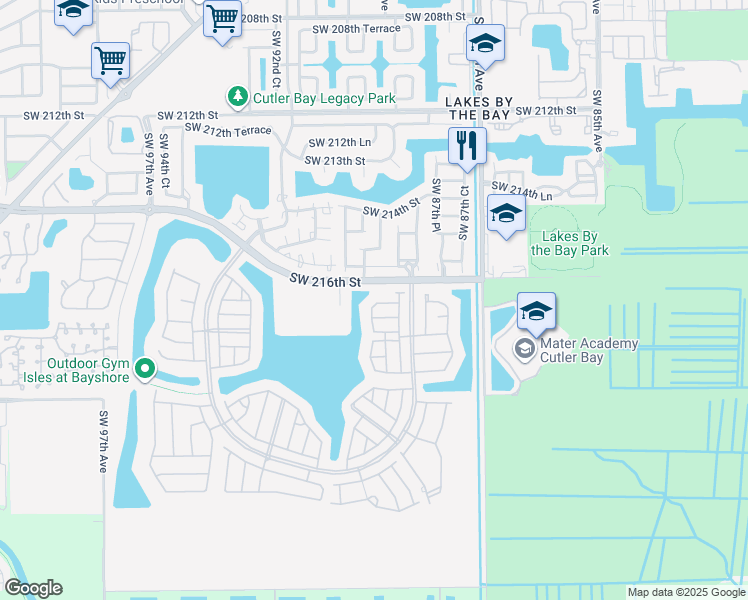 map of restaurants, bars, coffee shops, grocery stores, and more near 8891 Southwest 220th Street in Cutler Bay