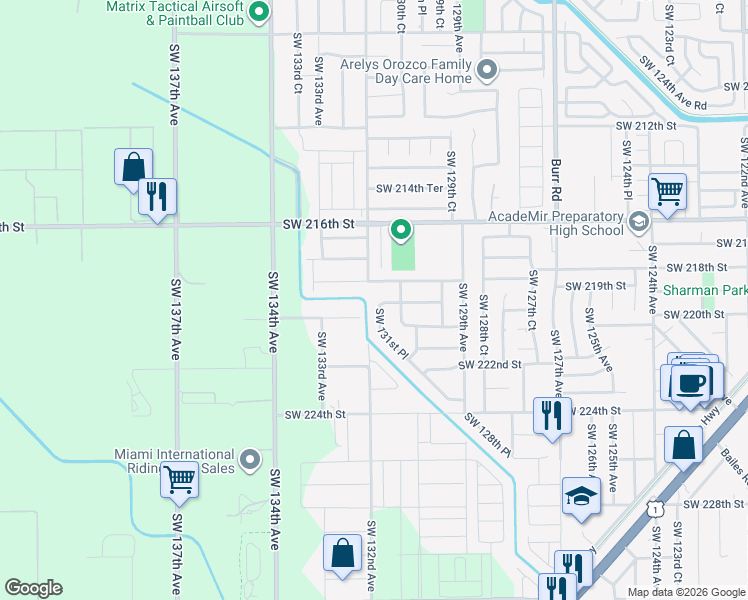 map of restaurants, bars, coffee shops, grocery stores, and more near 13167 Southwest 219th Terrace in Miami
