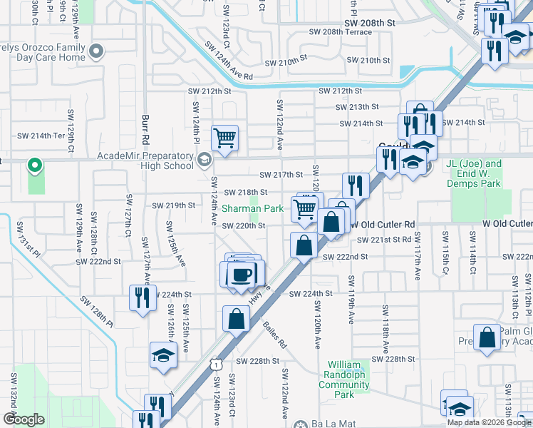map of restaurants, bars, coffee shops, grocery stores, and more near 12220 Southwest 219th Street in Miami