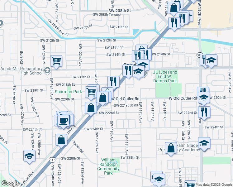 map of restaurants, bars, coffee shops, grocery stores, and more near 11851 Southwest 220th Street in Miami
