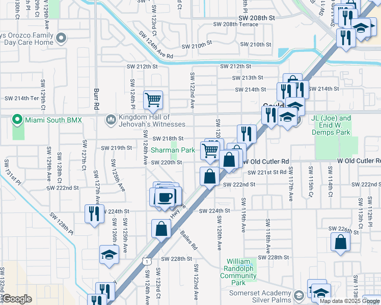 map of restaurants, bars, coffee shops, grocery stores, and more near 12206 Southwest 219th Street in Goulds