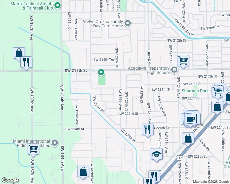 map of restaurants, bars, coffee shops, grocery stores, and more near 21821 Southwest 129th Place in Miami