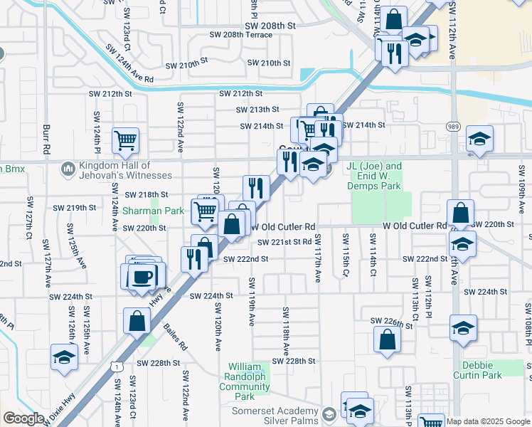 map of restaurants, bars, coffee shops, grocery stores, and more near 11851 Southwest 220th Street in Miami