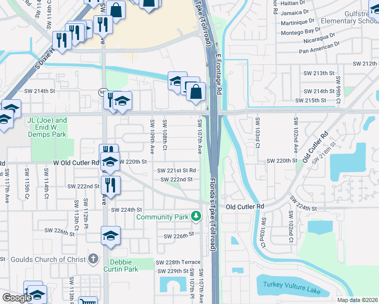 map of restaurants, bars, coffee shops, grocery stores, and more near 10751 Southwest 220th Street in Miami