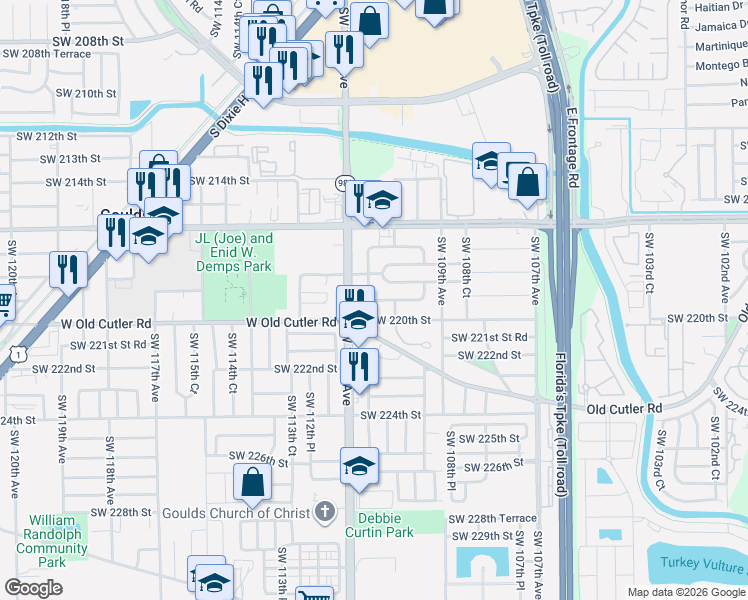 map of restaurants, bars, coffee shops, grocery stores, and more near 11115 Southwest 220th Street in Miami