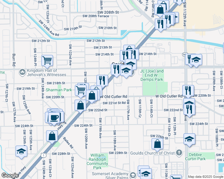 map of restaurants, bars, coffee shops, grocery stores, and more near 11851 Southwest 220th Street in Miami