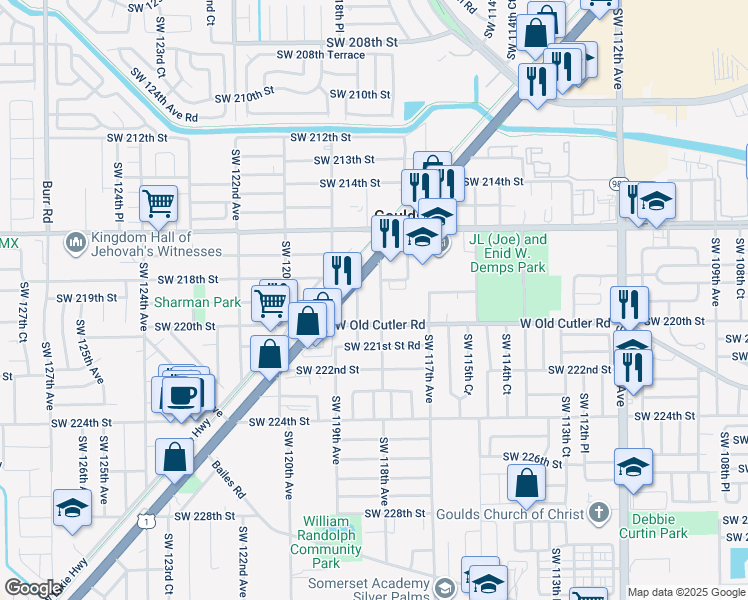 map of restaurants, bars, coffee shops, grocery stores, and more near 11851 Southwest 220th Street in Miami
