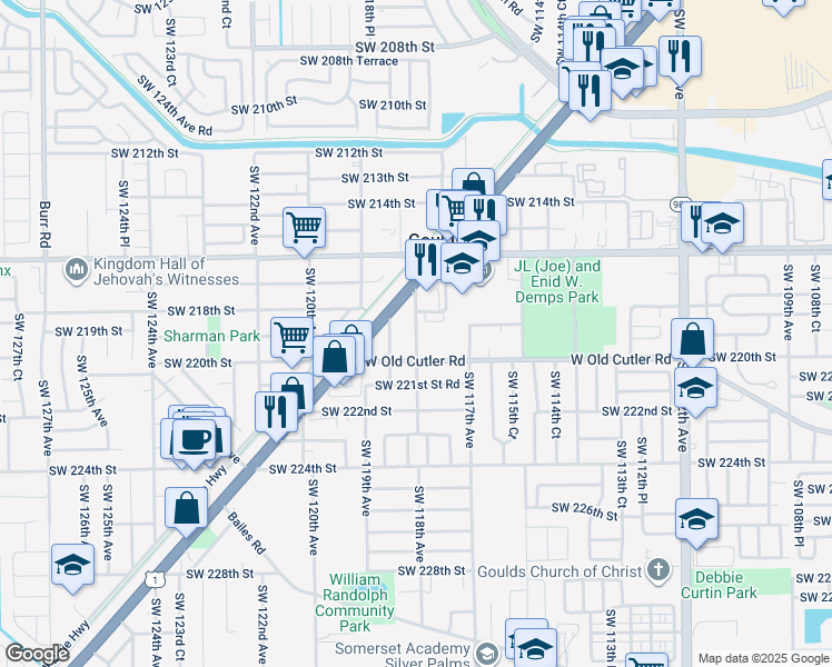 map of restaurants, bars, coffee shops, grocery stores, and more near 21999 Southwest 118th Avenue in Goulds
