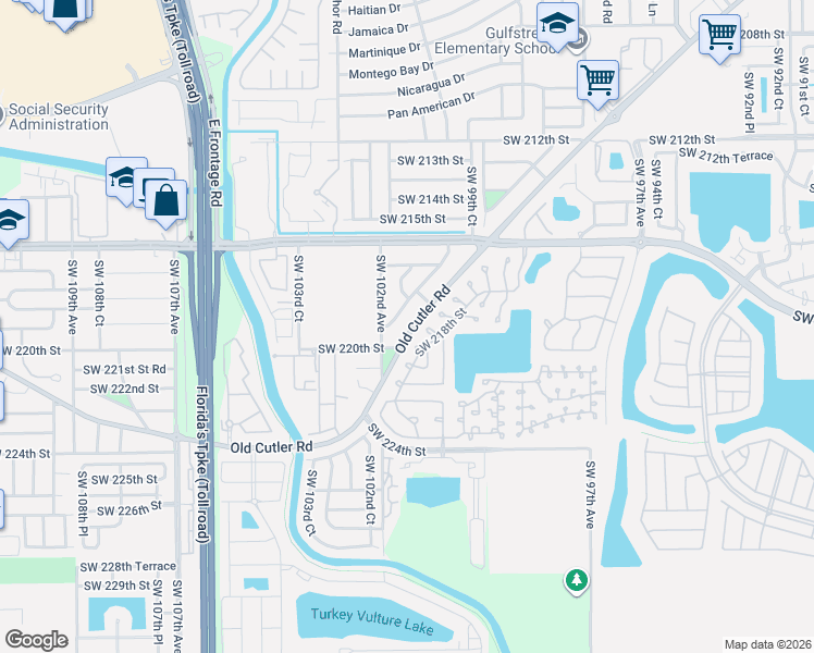 map of restaurants, bars, coffee shops, grocery stores, and more near 10033 Southwest 218th Street in Cutler Bay