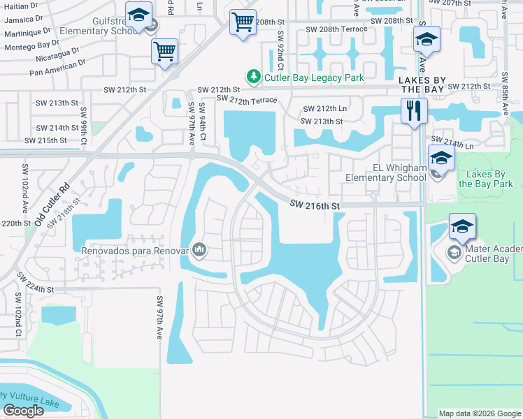 map of restaurants, bars, coffee shops, grocery stores, and more near 9260 Southwest 220th Street in Cutler Bay
