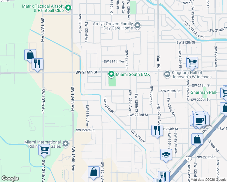 map of restaurants, bars, coffee shops, grocery stores, and more near 13066 Southwest 218th Terrace in Miami