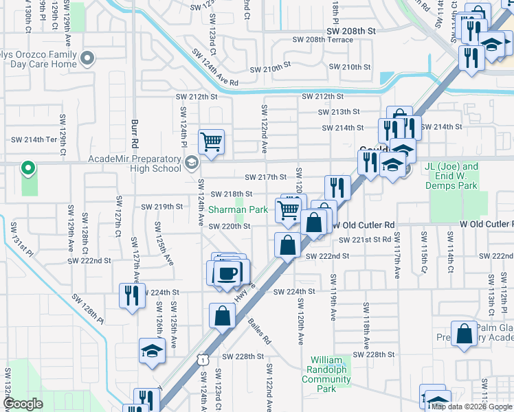 map of restaurants, bars, coffee shops, grocery stores, and more near 12220 Southwest 219th Street in Miami