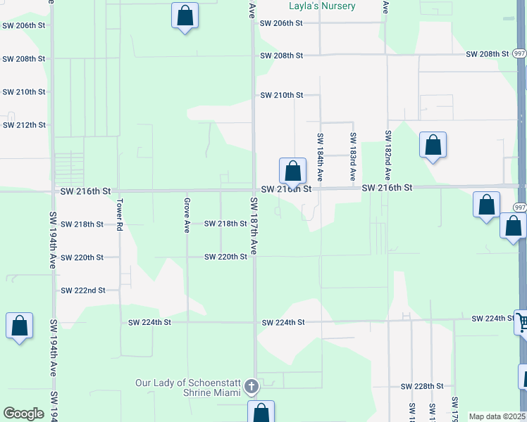 map of restaurants, bars, coffee shops, grocery stores, and more near 21701 Southwest 187th Avenue in Miami