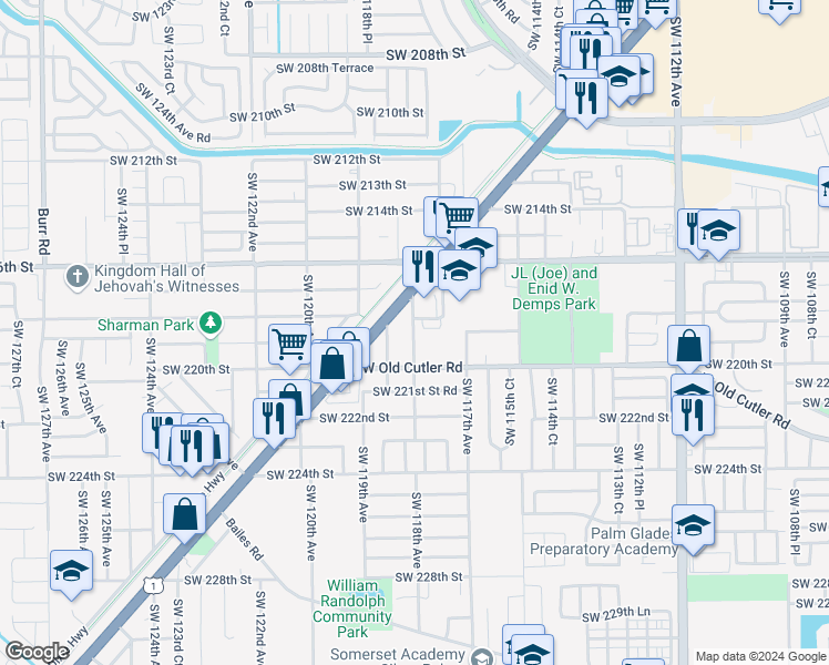 map of restaurants, bars, coffee shops, grocery stores, and more near 21657 South Dixie Highway in Miami