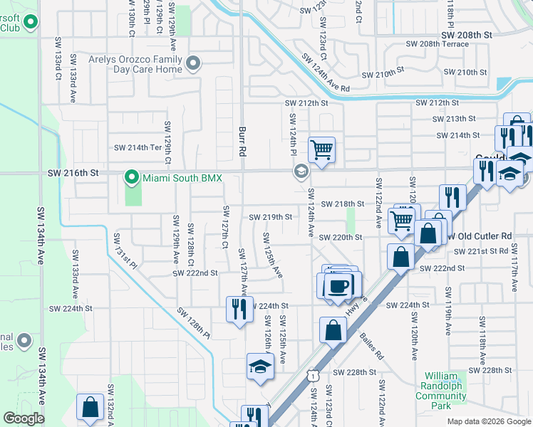 map of restaurants, bars, coffee shops, grocery stores, and more near 12550 Southwest 218th Street in Miami