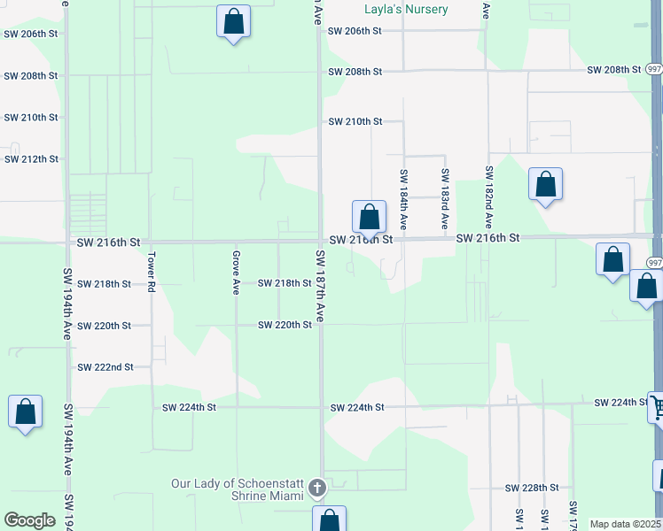 map of restaurants, bars, coffee shops, grocery stores, and more near 21701 Southwest 187th Avenue in Miami