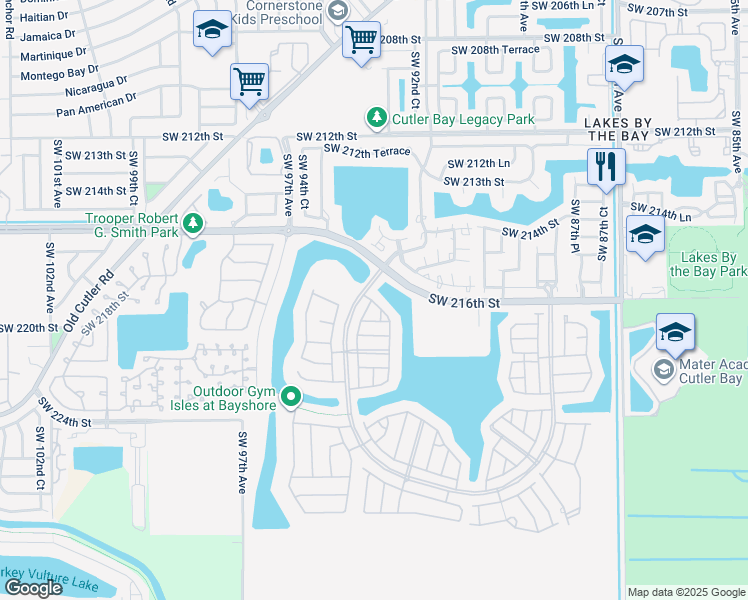 map of restaurants, bars, coffee shops, grocery stores, and more near in Cutler Bay