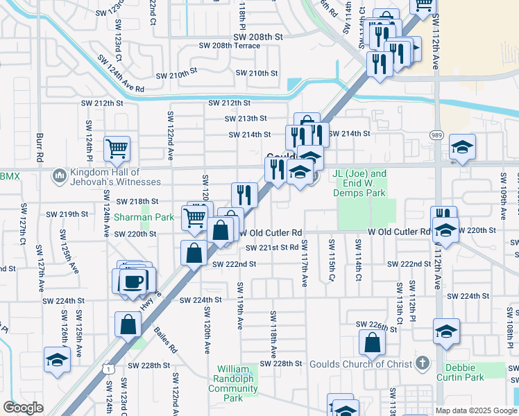 map of restaurants, bars, coffee shops, grocery stores, and more near 21811 U.S. 1 in Goulds