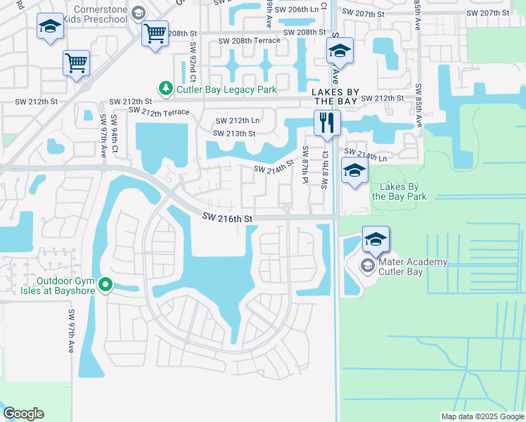 map of restaurants, bars, coffee shops, grocery stores, and more near 8950 Southwest 215th Lane in Cutler Bay