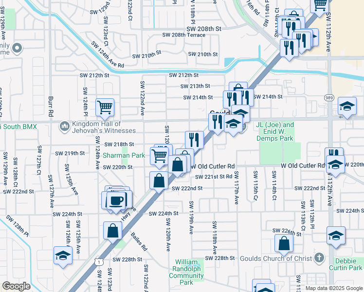 map of restaurants, bars, coffee shops, grocery stores, and more near 11927 Southwest 218th Street in Goulds