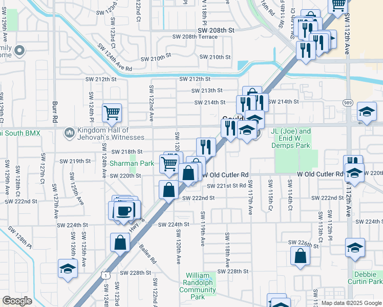 map of restaurants, bars, coffee shops, grocery stores, and more near 11927 Southwest 218th Street in Goulds